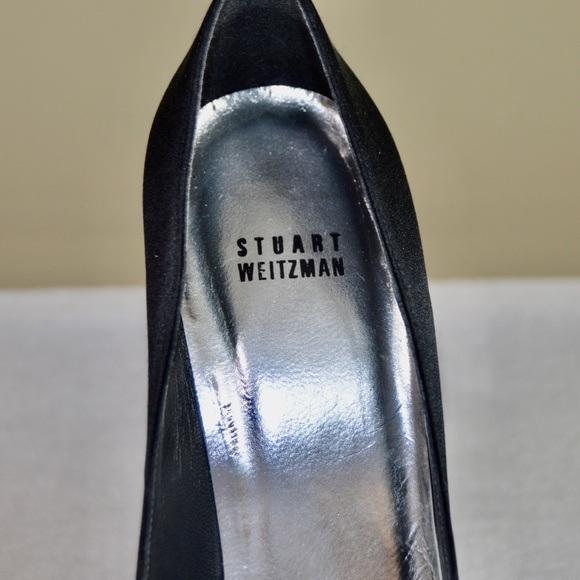 Stuart Weitzman BlacStuart Weitzman Black Satin Peep Toe Crystal Heel Pump - Picture 8 of 14